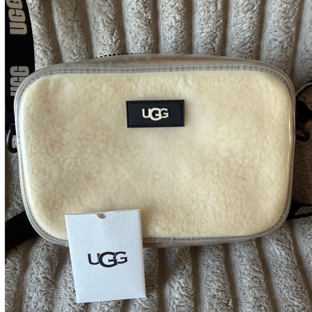 UGG Janey II Clear Sheepskin Crossbody Bag Natural Logo Strap 1113870